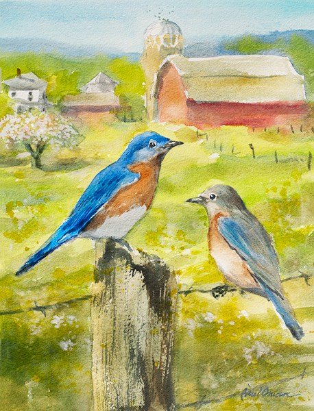 Spring’s Delight – Bluebirds – giclée print of the painting by Paul Oman
