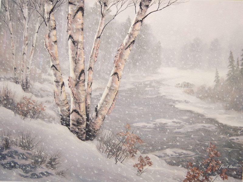 Snowy birch trees beside a winter river, watercolor by Paul Oman